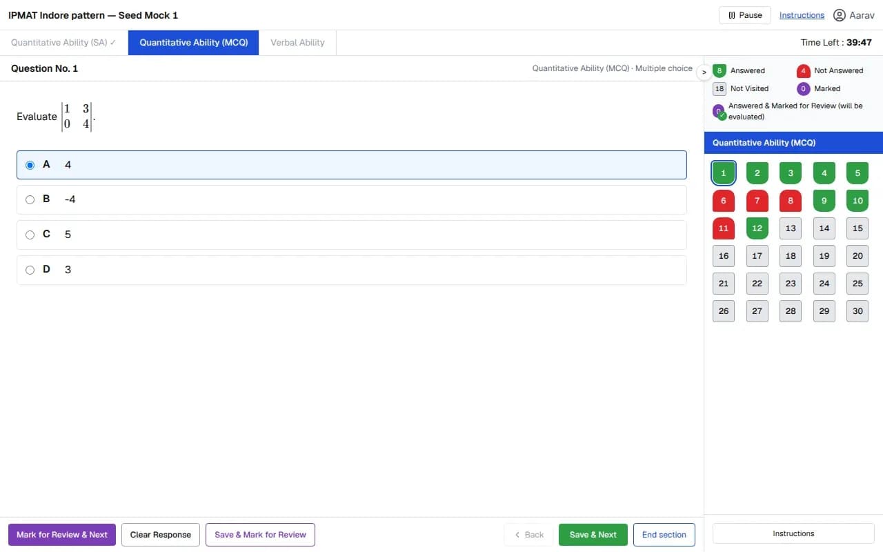 The exam-like mock interface: section tabs, timer, question with options, and the question palette with the standard colour states.