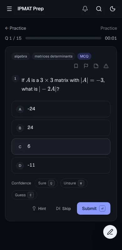 A practice question on a phone, with confidence tags, hint and skip.