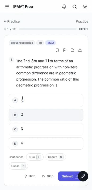 A practice question on a phone, with confidence tags, hint and skip.