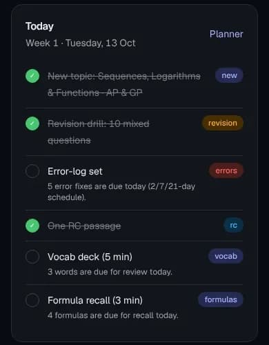 Today's plan on a phone: each task with a one-line reason, like “5 error fixes are due today (2/7/21-day schedule)”.