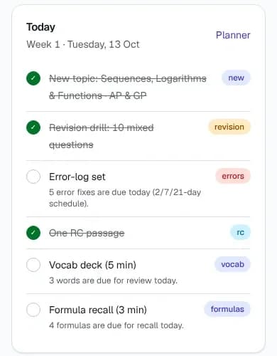 Today's plan on a phone: each task with a one-line reason, like “5 error fixes are due today (2/7/21-day schedule)”.